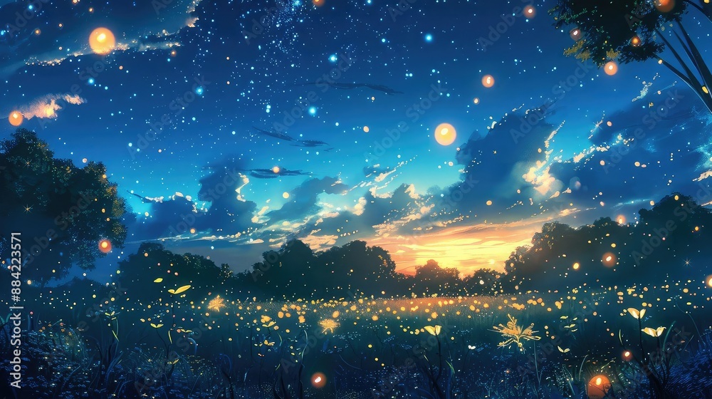 A beautiful landscape image of a field of flowers at night A beautiful landscape image of a field of flowers at night