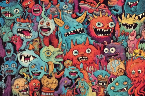 Colorful and whimsical handdrawn illustration of a variety of funny monsters with unique features and vibrant colors