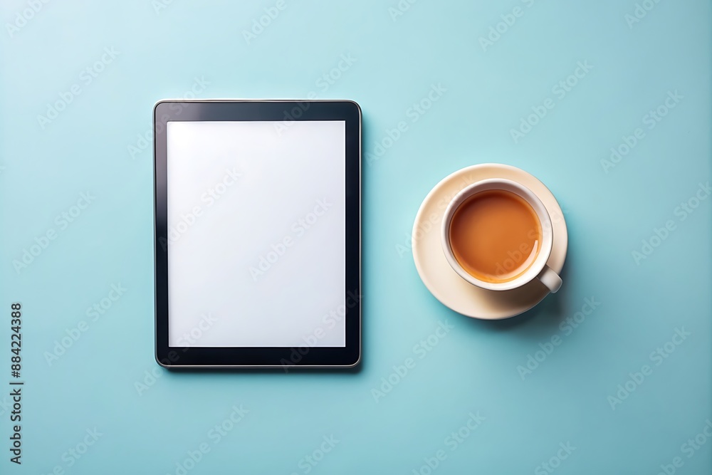 Tablet and Cup of Coffee on Blue Background. Tablet and Cup of Coffee on Blue Background.