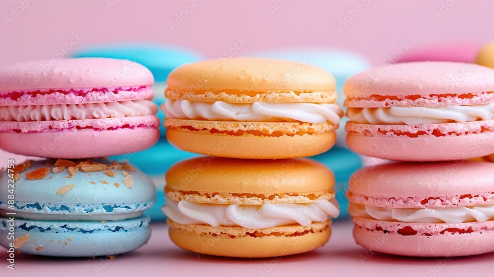 Grouped macaroons resting on a pink-blue surface, surrounded by more macaroons Grouped macaroons resting on a pink-blue surface, surrounded by more macaroons