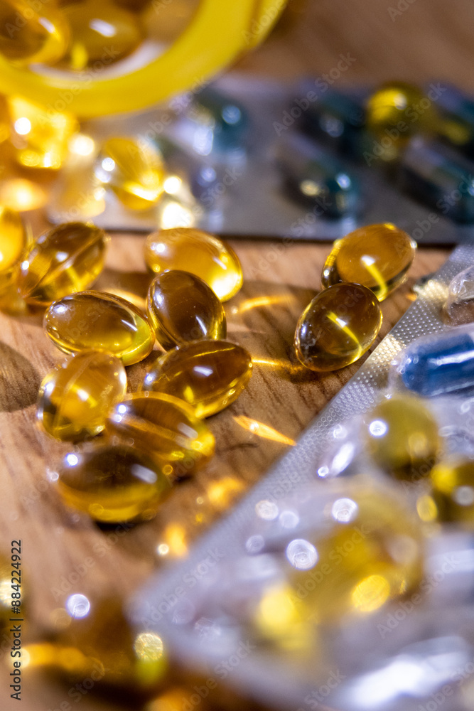 Background of a large group of assorted capsules, pills and blisters Background of a large group of assorted capsules, pills and blisters