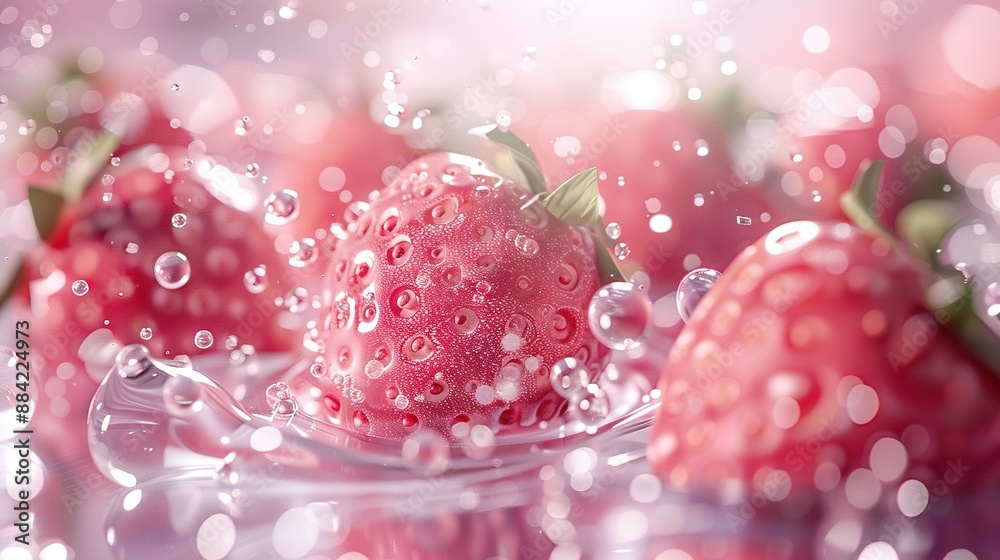 A macro shot of strawberries with water beads on the upper and lower surfaces A macro shot of strawberries with water beads on the upper and lower surfaces