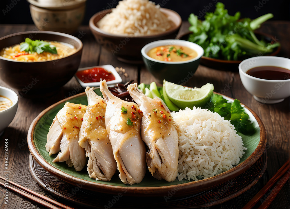 Traditional Hainanese chicken rice with fragrant rice and a side of dipping sauces, photographed to show the whole plate. Traditional Hainanese chicken rice with fragrant rice and a side of dipping sauces, photographed to show the whole plate.