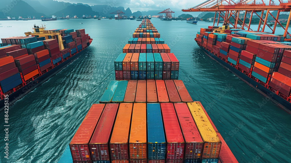 Fototapeta premium A large container ship is docked at a port, being loaded and unloaded by cranes. There are other ships in the background, waiting to be loaded or unloaded.