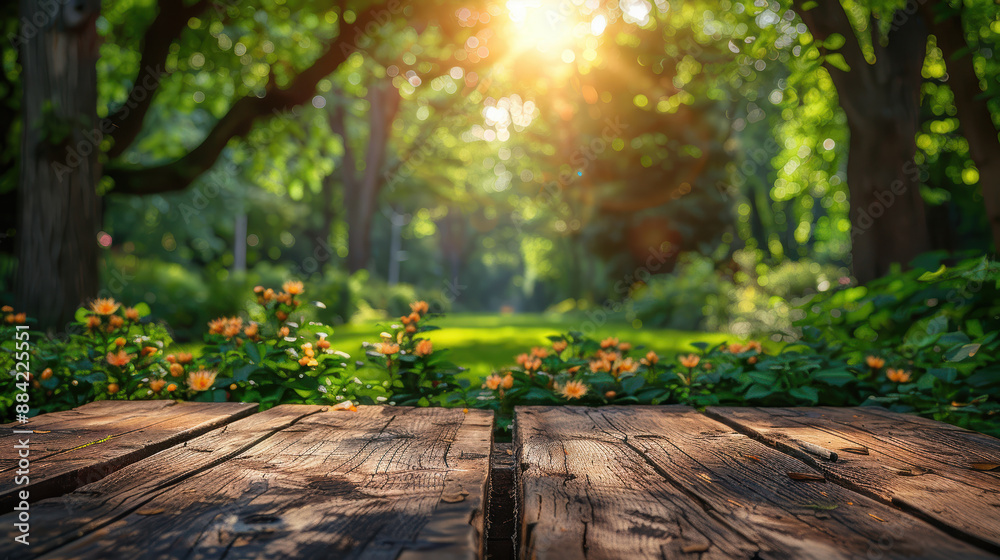 A wooden table in a forest. The table is made of old wood and has a natural finish. The forest is full of lush green trees and plants. A wooden table in a forest. The table is made of old wood and has a natural finish. The forest is full of lush green trees and plants.