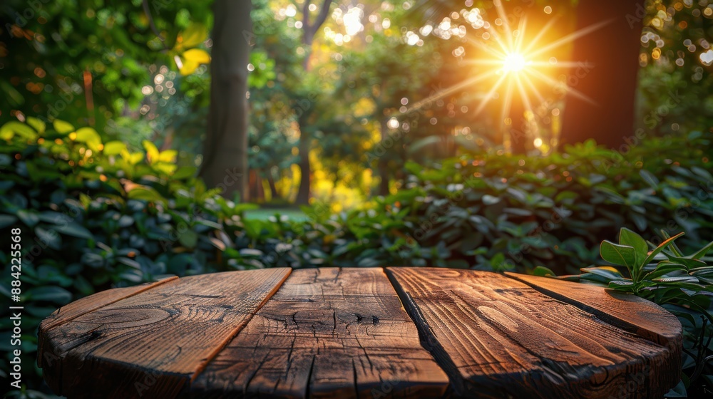 A wooden table in a forest. The table is made of old wood and has a natural finish. The forest is full of lush green trees and plants. 