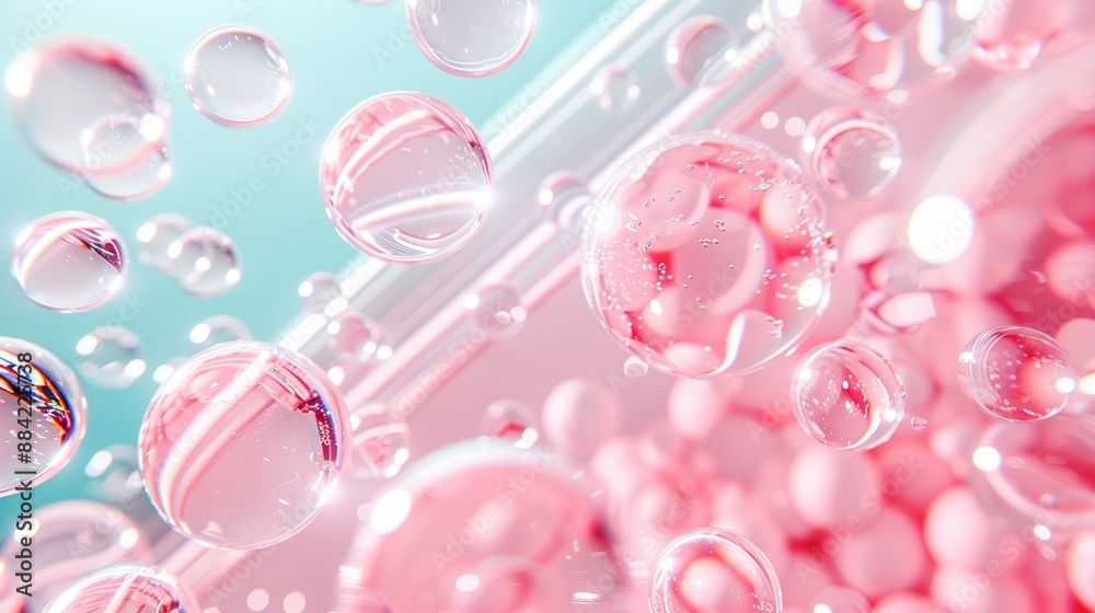 A group of bubbles float against a blue-pink backdrop with a clear blue sky overhead A group of bubbles float against a blue-pink backdrop with a clear blue sky overhead