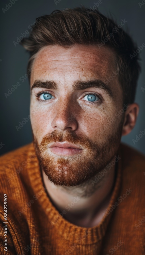 Close-up portrait of a young man with blue eyes and a beard, wearing a brown sweater. He looks directly at the camera with a serious expression.
