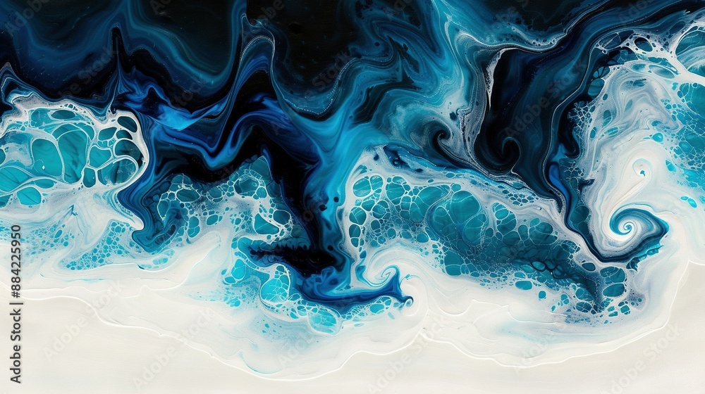 Obraz premium An abstract painting featuring blue-white waves against black-white backdrop, with a central black-blue swirl