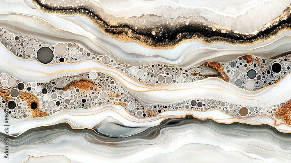 A golden artwork with black liquid circles on a white canvas A golden artwork with black liquid circles on a white canvas