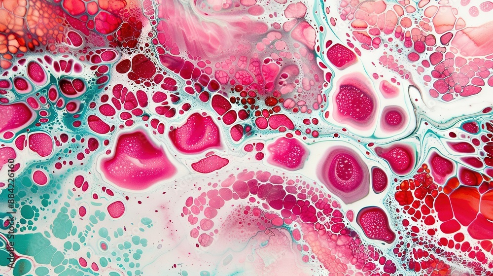 Fototapeta premium A close-up of a painting with many pink and blue bubbles at the base