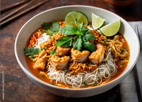 A vibrant plate of Khanom Jeen Nam Ya with rice noodles, fresh herbs, and a rich fish curry, seen from an overhead view. photo