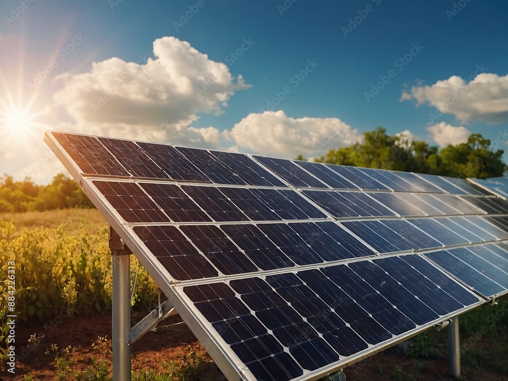 Clean energy concept solar panel under sunny skies in natural setting Clean energy concept solar panel under sunny skies in natural setting