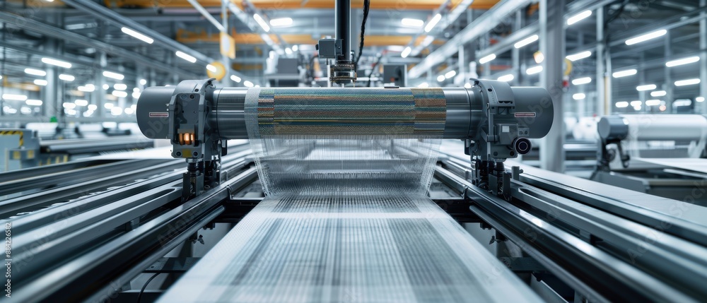 Close-up of automated looms precisely weaving colorful textile patterns, emphasizing technology's role in enhancing traditional industries. Close-up of automated looms precisely weaving colorful textile patterns, emphasizing technology's role in enhancing traditional industries.