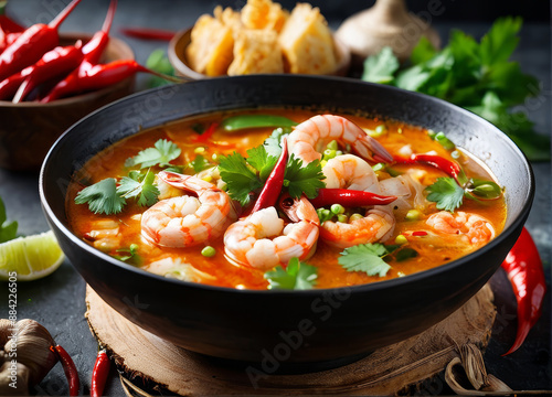 Rustic Tom Yum Goong with shrimp, red chilies, and a blend of aromatic spices, viewed straight-on. photo