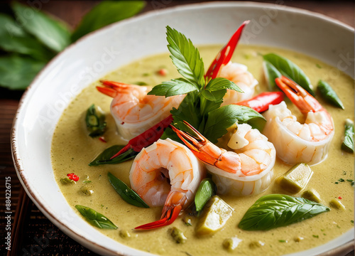 Green curry with shrimp, bamboo shoots, and a rich, creamy coconut milk broth, viewed from a low angle.