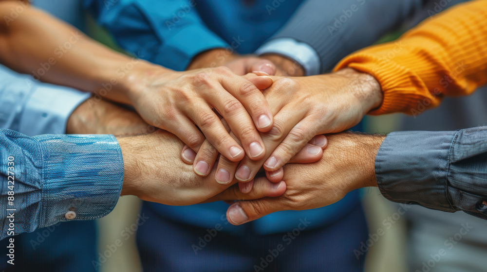 A group of people of different ethnicities joining their hands together. A group of people of different ethnicities joining their hands together.
