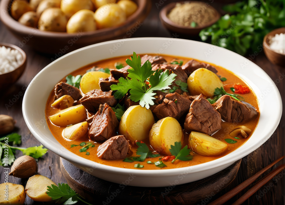 Massaman curry with beef, potatoes, and a garnish of fresh cilantro, viewed from a low angle. Massaman curry with beef, potatoes, and a garnish of fresh cilantro, viewed from a low angle.