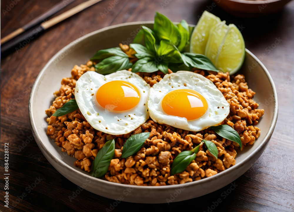 Classic Pad Kra Pao with minced chicken, Thai basil, and a fried egg, captured from an overhead/top-down view. Classic Pad Kra Pao with minced chicken, Thai basil, and a fried egg, captured from an overhead/top-down view.