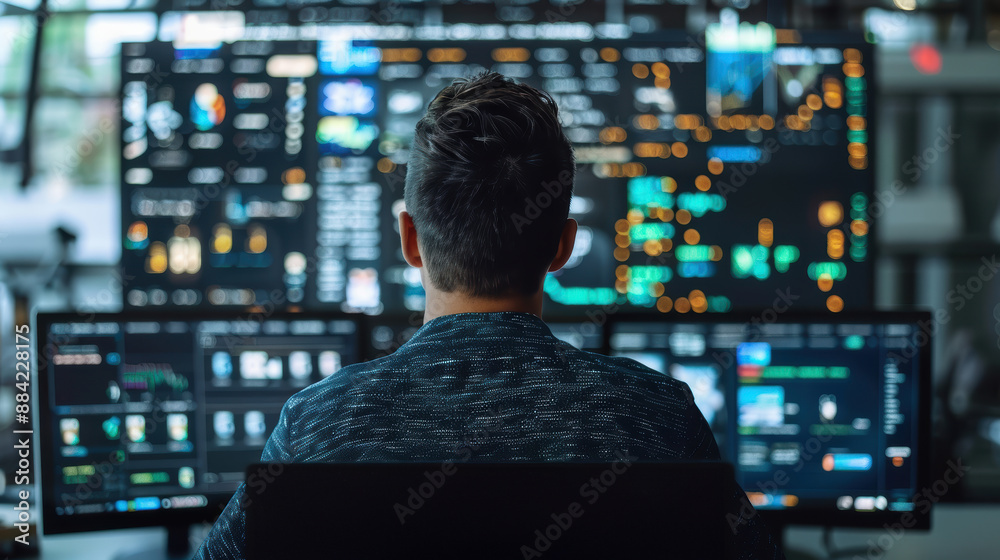 A programmer is sitting in front of a large bank of computer monitor A programmer is sitting in front of a large bank of computer monitor