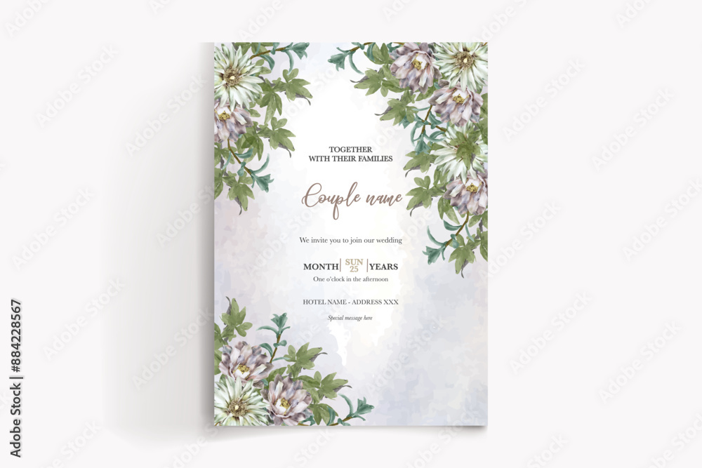 WEDDING INVITATION FRAME WITH FLOWER DECORATIONS AND FRESH LEAVES