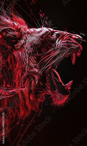 A striking red and black art illustration of a roaring lion, showcasing intricate fur details and a strong, fierce expression. photo