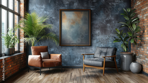 A stylish living room with a dark blue wall, brown leather armchairs, and a coffee table. There is a large window with a plant next to it. © easybanana