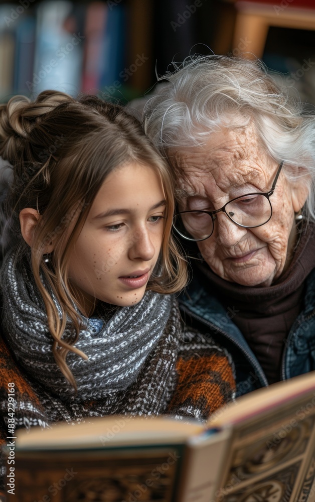 Heartwarming scene of a grandmother and granddaughter sharing a book, highlighting intergenerational bonding and the love of reading. Heartwarming scene of a grandmother and granddaughter sharing a book, highlighting intergenerational bonding and the love of reading.