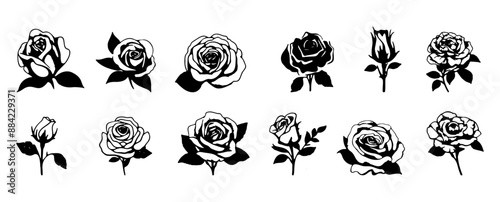 Beautiful vintage rose black silhouette. Black outline flowers clipart. Vector linocut illustration.