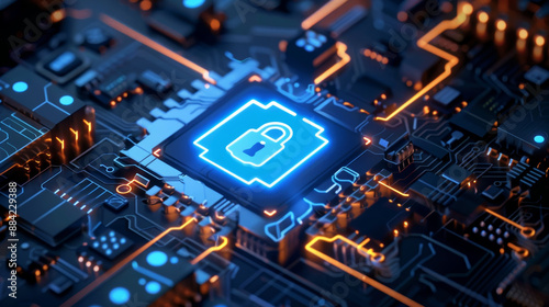 Secure Microchip on Circuit Board with Glowing Padlock Icon