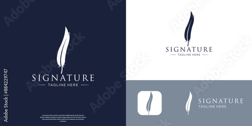 quill feather pen logo design, signature handwriting vector illustration.