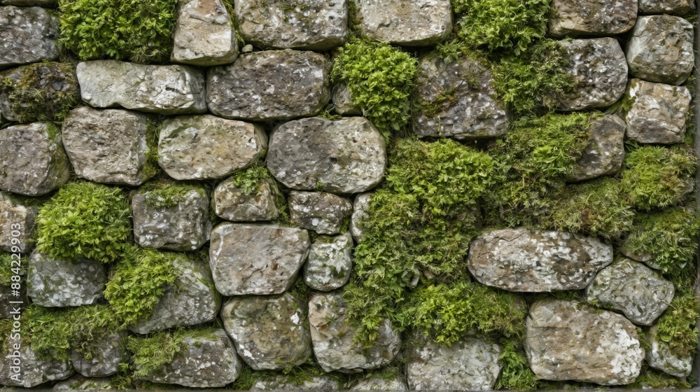 close-up stone wall covered green moss wall is close-up stone wall covered green moss wall is