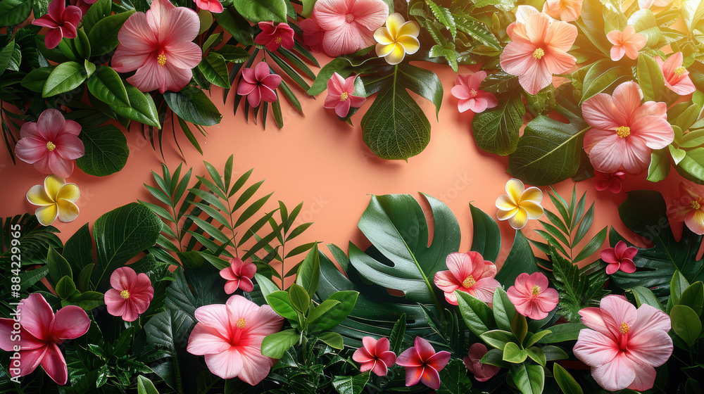 Pink and green tropical background with palm leaves, hibiscus flowers, and other tropical plants. Pink and green tropical background with palm leaves, hibiscus flowers, and other tropical plants.