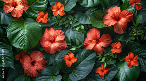 A lush tropical garden with red hibiscus flowers and green leaves.