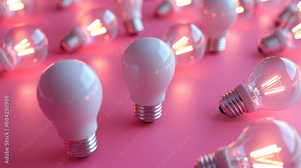A 3D rendering of a group of light bulbs on a pink background. A 3D rendering of a group of light bulbs on a pink background.