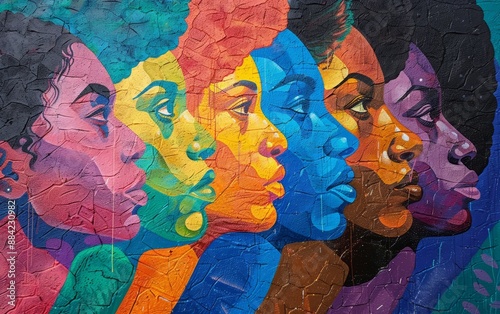 Five colorful female faces in profile, symbolizing diversity and individuality.  A vibrant celebration of different cultures and perspectives. photo