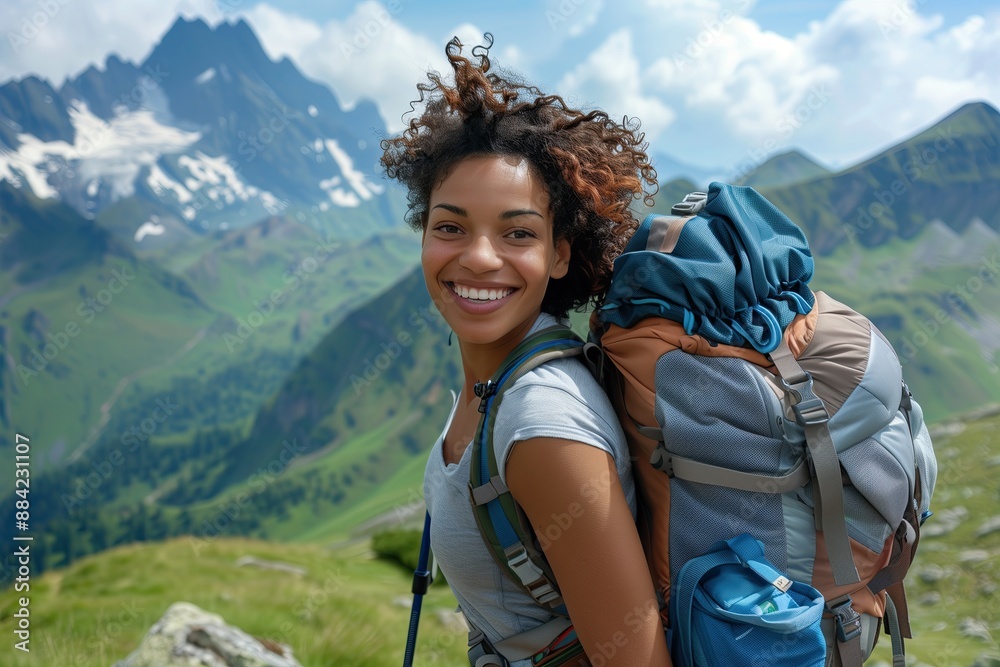 Young african american woman with backpack hiking in mountains. Travel and adventure concept Young african american woman with backpack hiking in mountains. Travel and adventure concept