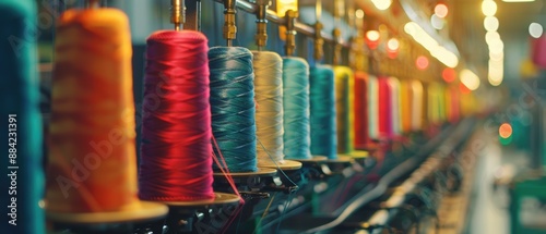 Rows of vibrant yarn spools in various colors aligned in a textile factory, ready for the manufacturing process.