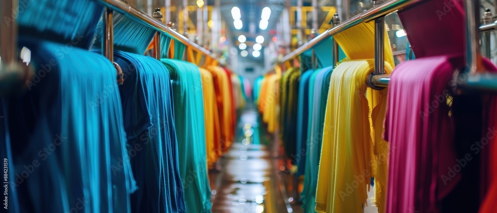 Multiple fabrics in bright colors hanging in a textile plant during the dyeing process, highlighting industrial efficiency. Multiple fabrics in bright colors hanging in a textile plant during the dyeing process, highlighting industrial efficiency.