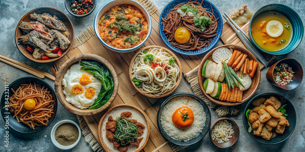 Vibrant assortment of Korean traditional dishes, including bibimbap, Japchae, Kimbap, and more, artfully arranged in a stunning flat lay, showcasing authentic Asian cuisine. Vibrant assortment of Korean traditional dishes, including bibimbap, Japchae, Kimbap, and more, artfully arranged in a stunning flat lay, showcasing authentic Asian cuisine.