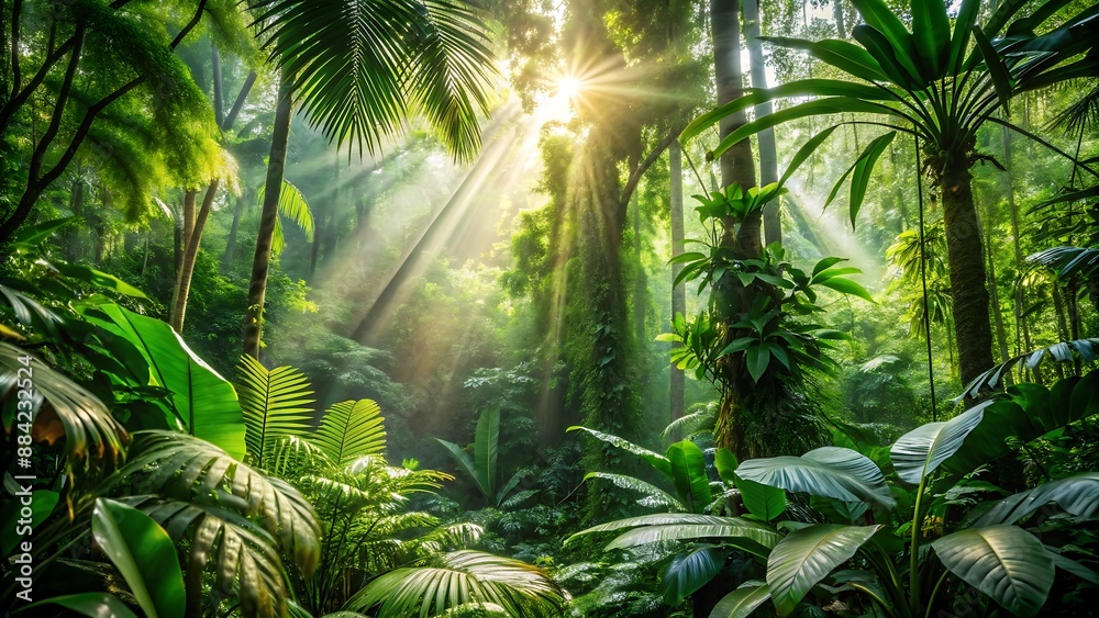 Sunlight Shining Through Dense Rainforest Canopy. Sunlight Shining Through Dense Rainforest Canopy.