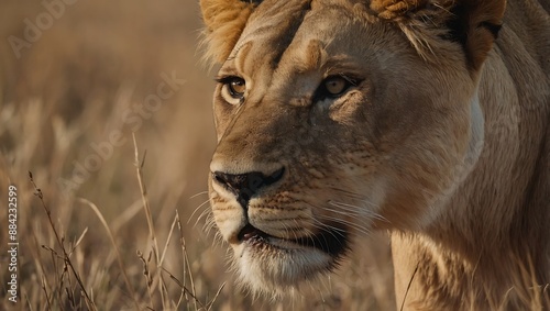 Close-up of lioness hunting in savann photo