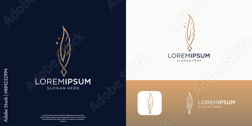 minimalist feather pen signature logo design inspiration combined with gold color brand.