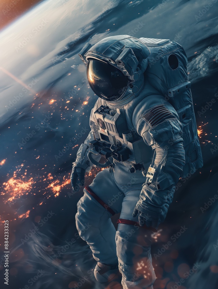 Fototapeta premium Astronaut floating above earth - space exploration