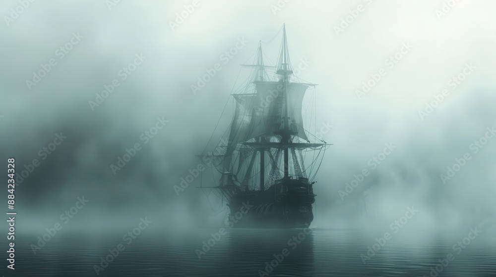 A ghost ship sailing through the misty waters of the underworld, in white background A ghost ship sailing through the misty waters of the underworld, in white background