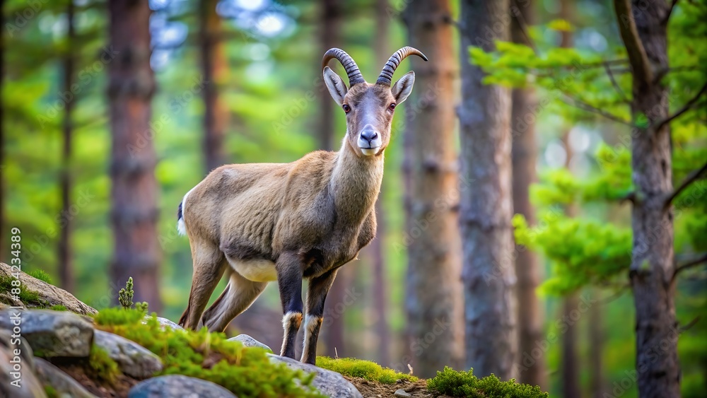 Alpine Ibex Standing on Rocks in a Forest. Alpine Ibex Standing on Rocks in a Forest.