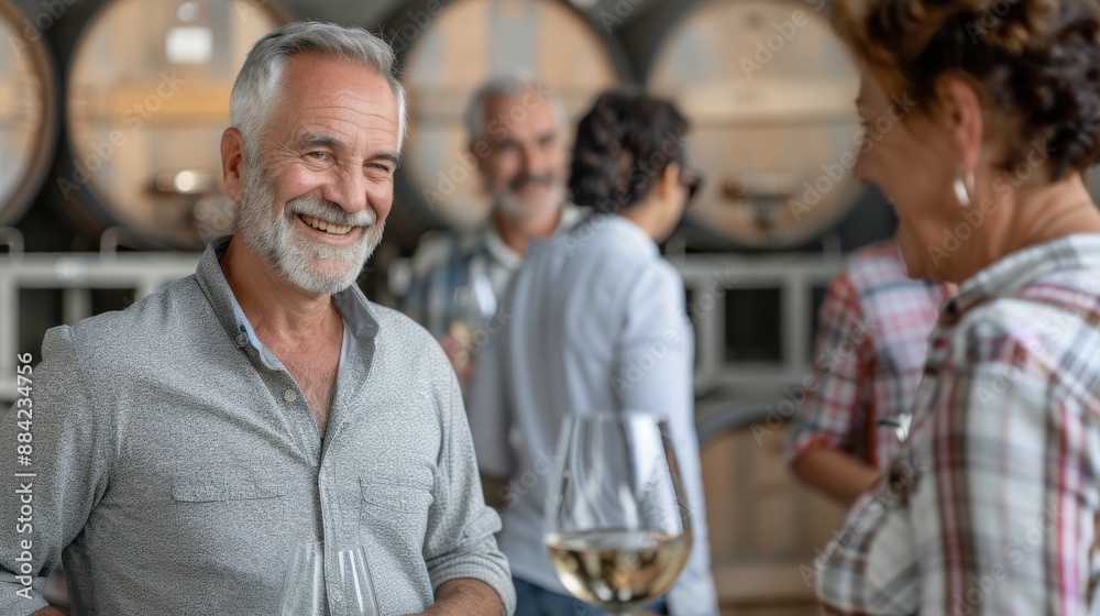 A man and woman are smiling and drinking wine in a room with other people A man and woman are smiling and drinking wine in a room with other people