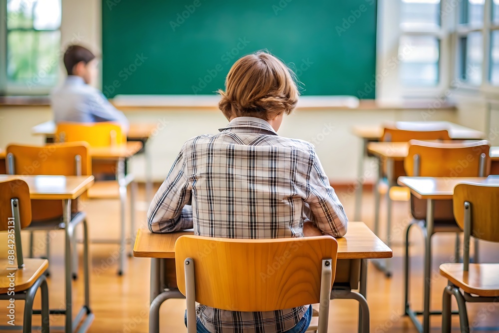 Student sitting at desk in classroom. Student sitting at desk in classroom.
