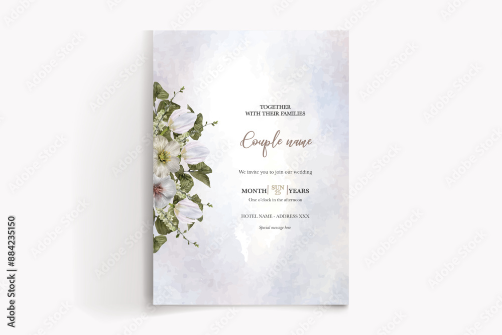 WEDDING INVITATION FRAME WITH FLOWER DECORATIONS AND FRESH LEAVES WEDDING INVITATION FRAME WITH FLOWER DECORATIONS AND FRESH LEAVES