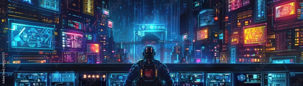 Robots overseeing a futuristic city from a central control tower
